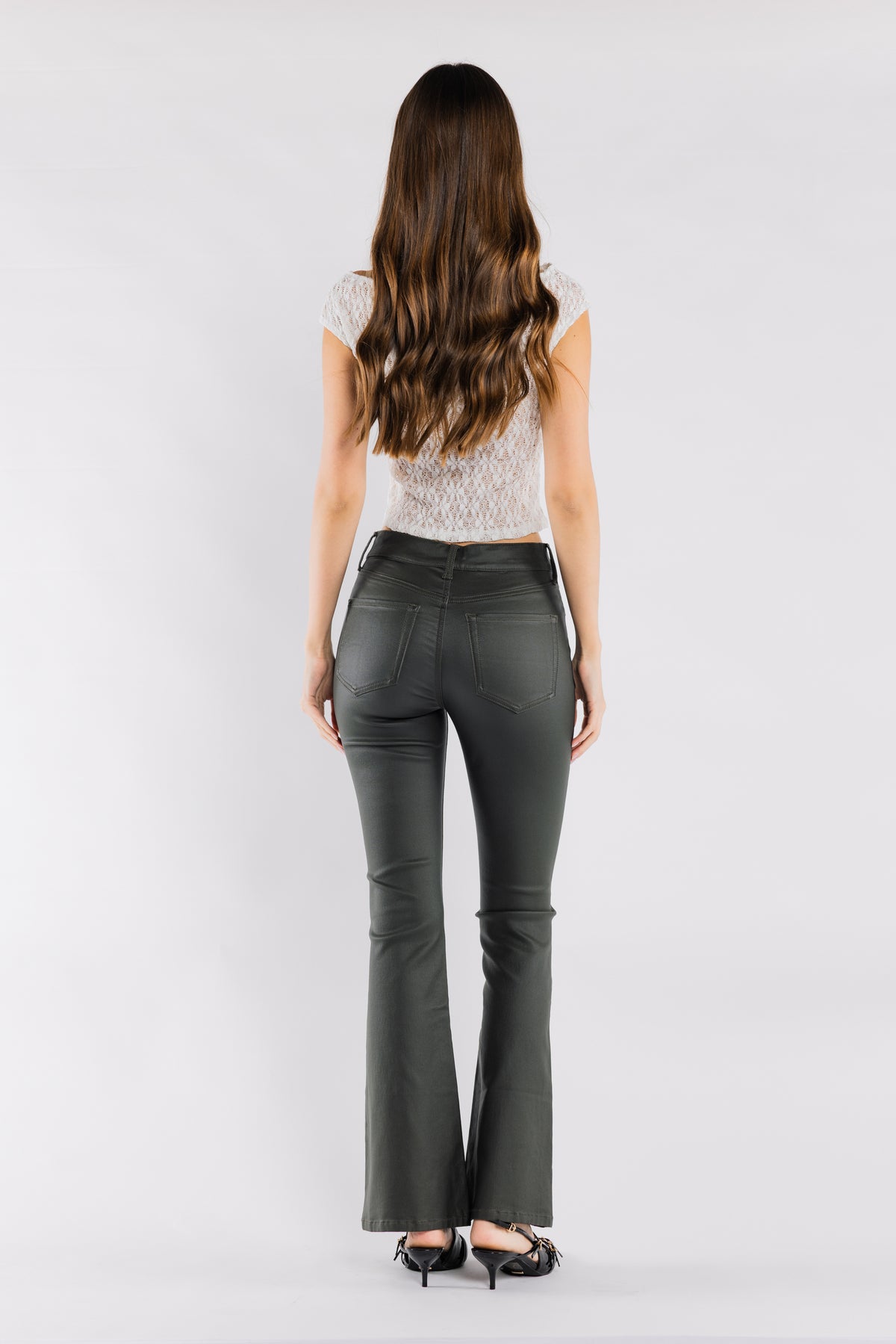 High Rise Coated Finish Flare Jeans