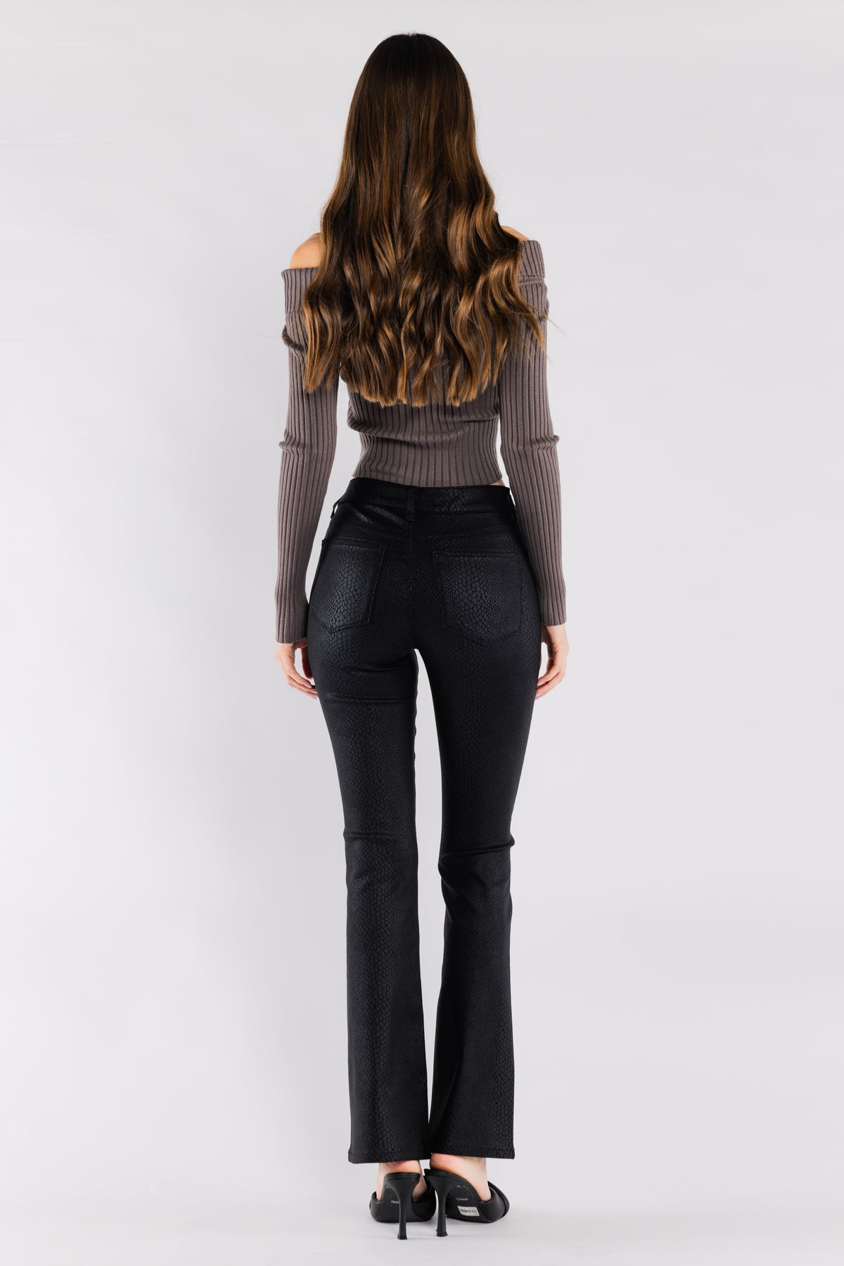 High Rise Snake Skin Coated Print Bootcut Jeans