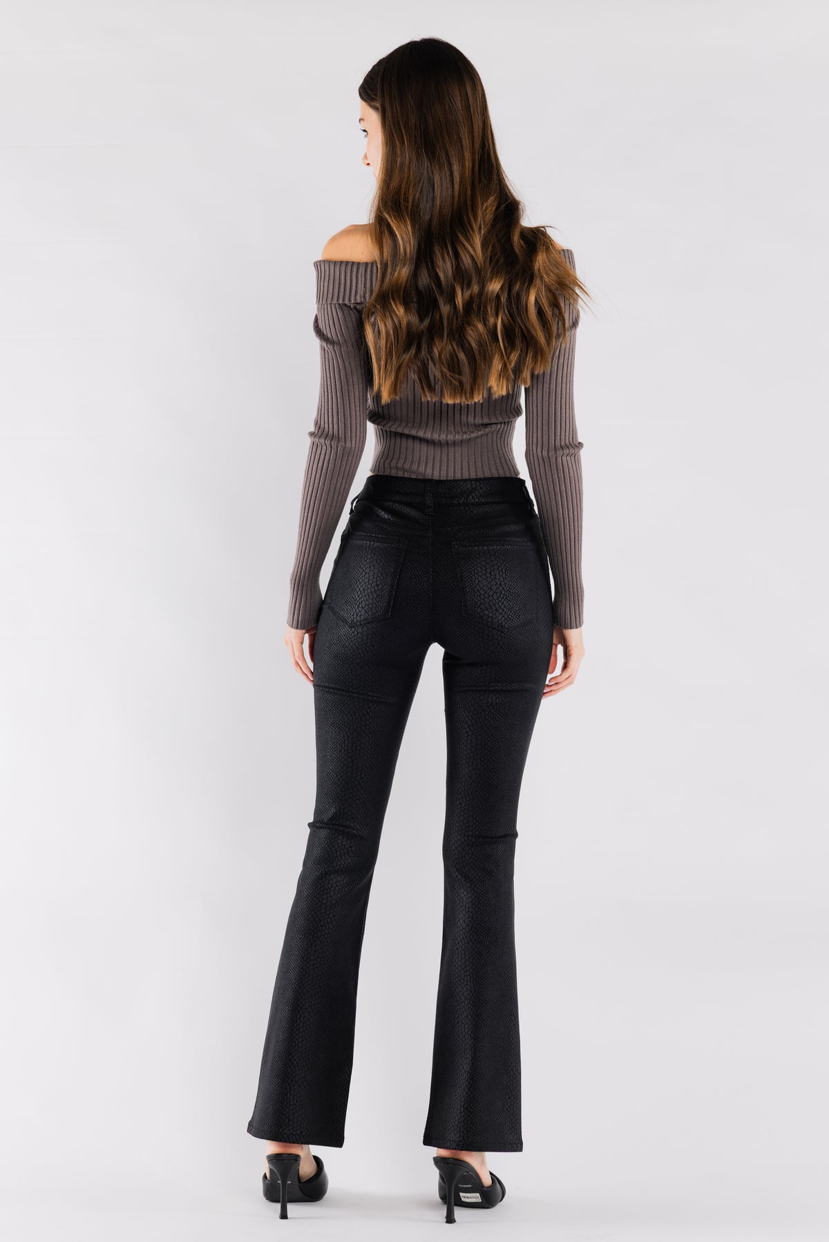 High Rise Snake Skin Coated Print Bootcut Jeans