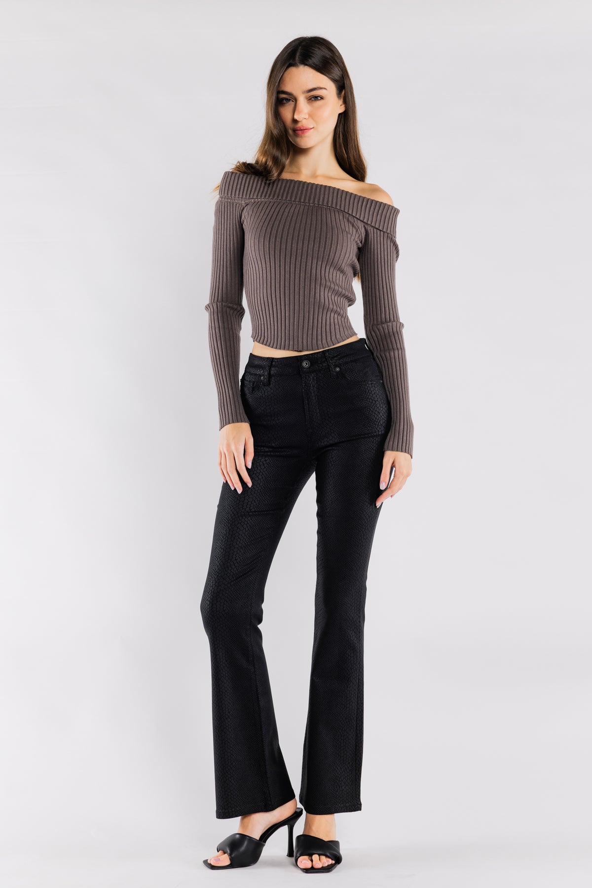 High Rise Snake Skin Coated Print Bootcut Jeans