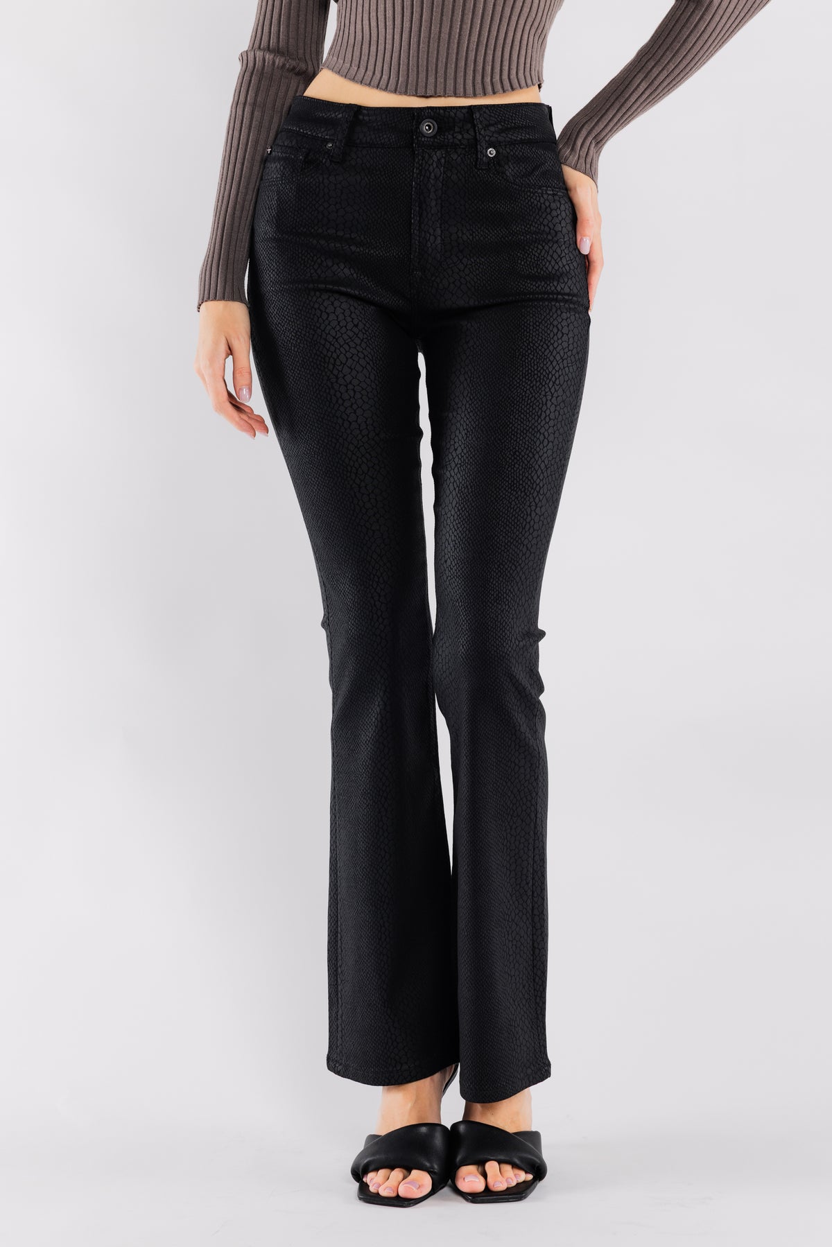 High Rise Snake Skin Coated Print Bootcut Jeans