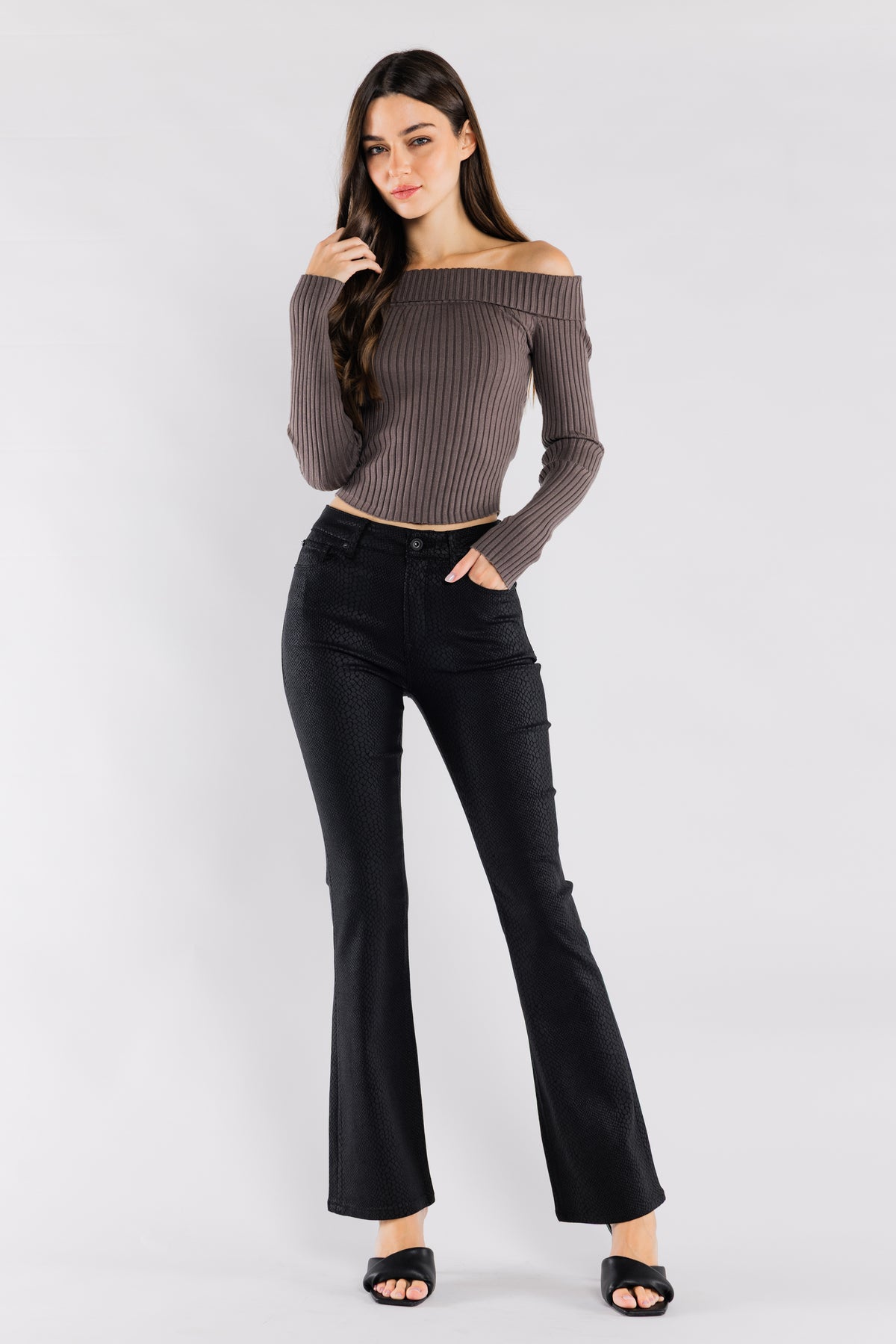 High Rise Snake Skin Coated Print Bootcut Jeans