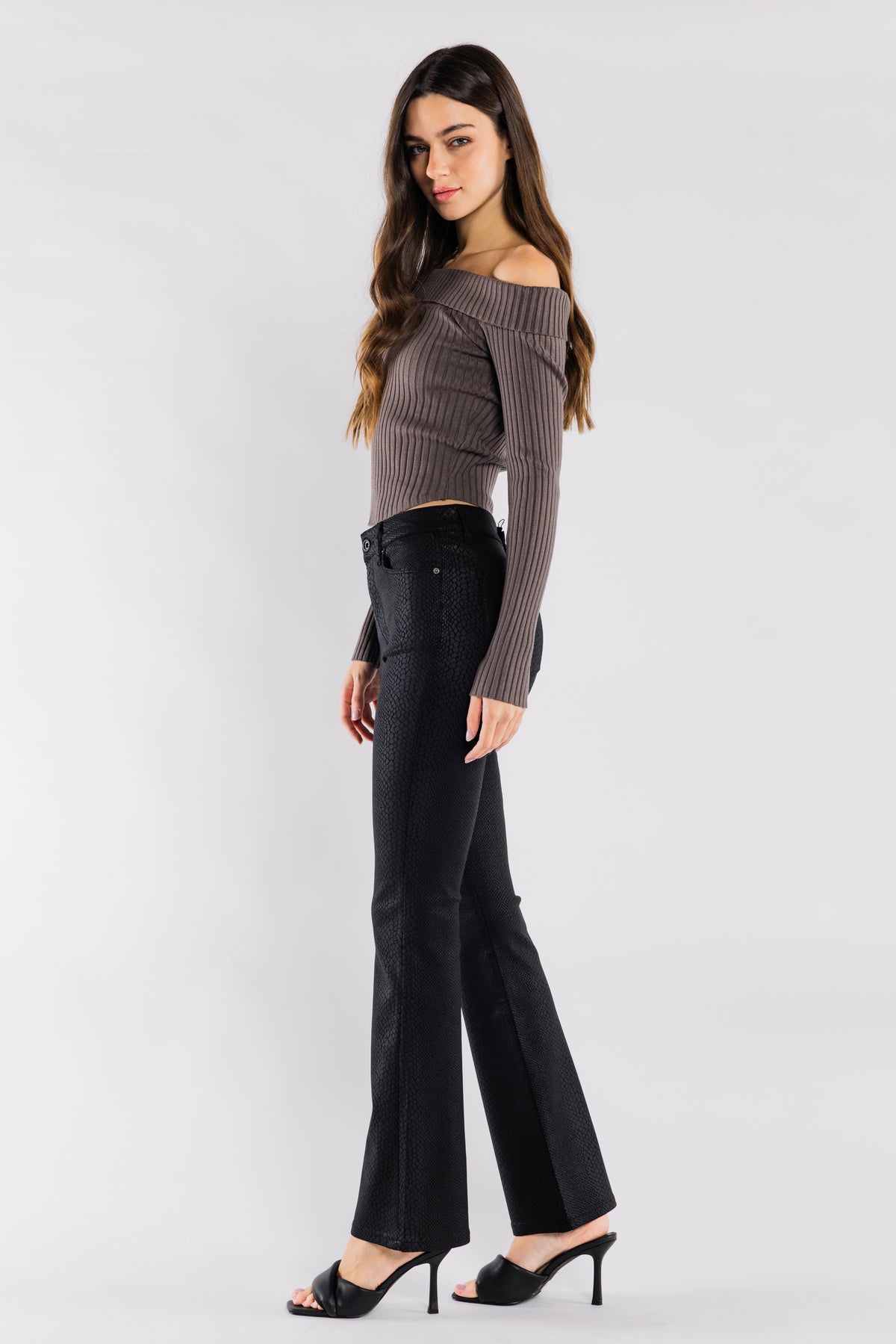 High Rise Snake Skin Coated Print Bootcut Jeans