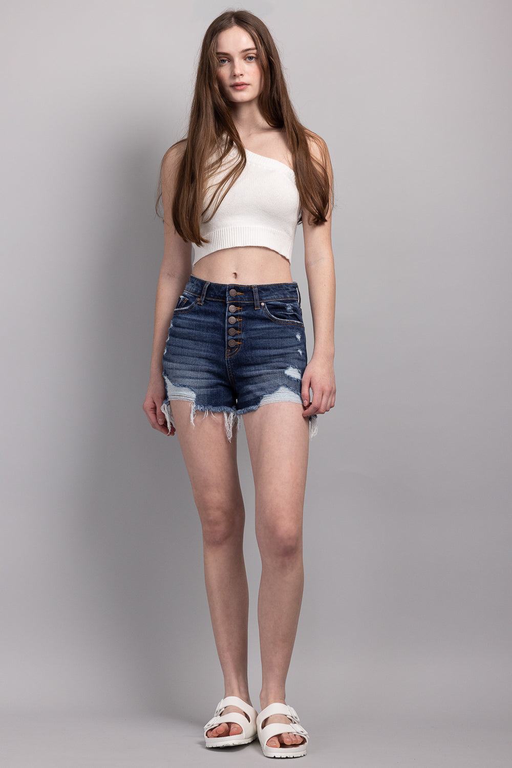 High Rise 5 Exposed Button Down Destructed Shorts