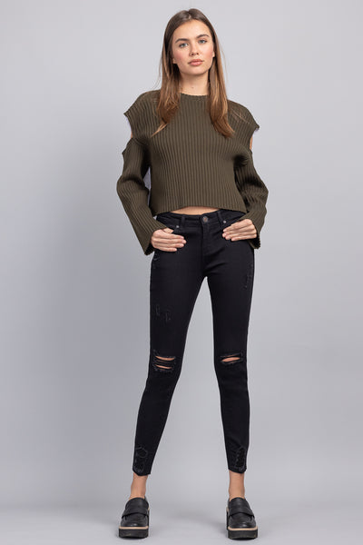 Distressed Mid Rise Skinny Jeans with Chewed Hems
