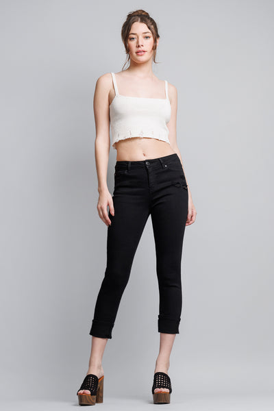 High Rise Crop Skinny Jeans with Wide Cuff