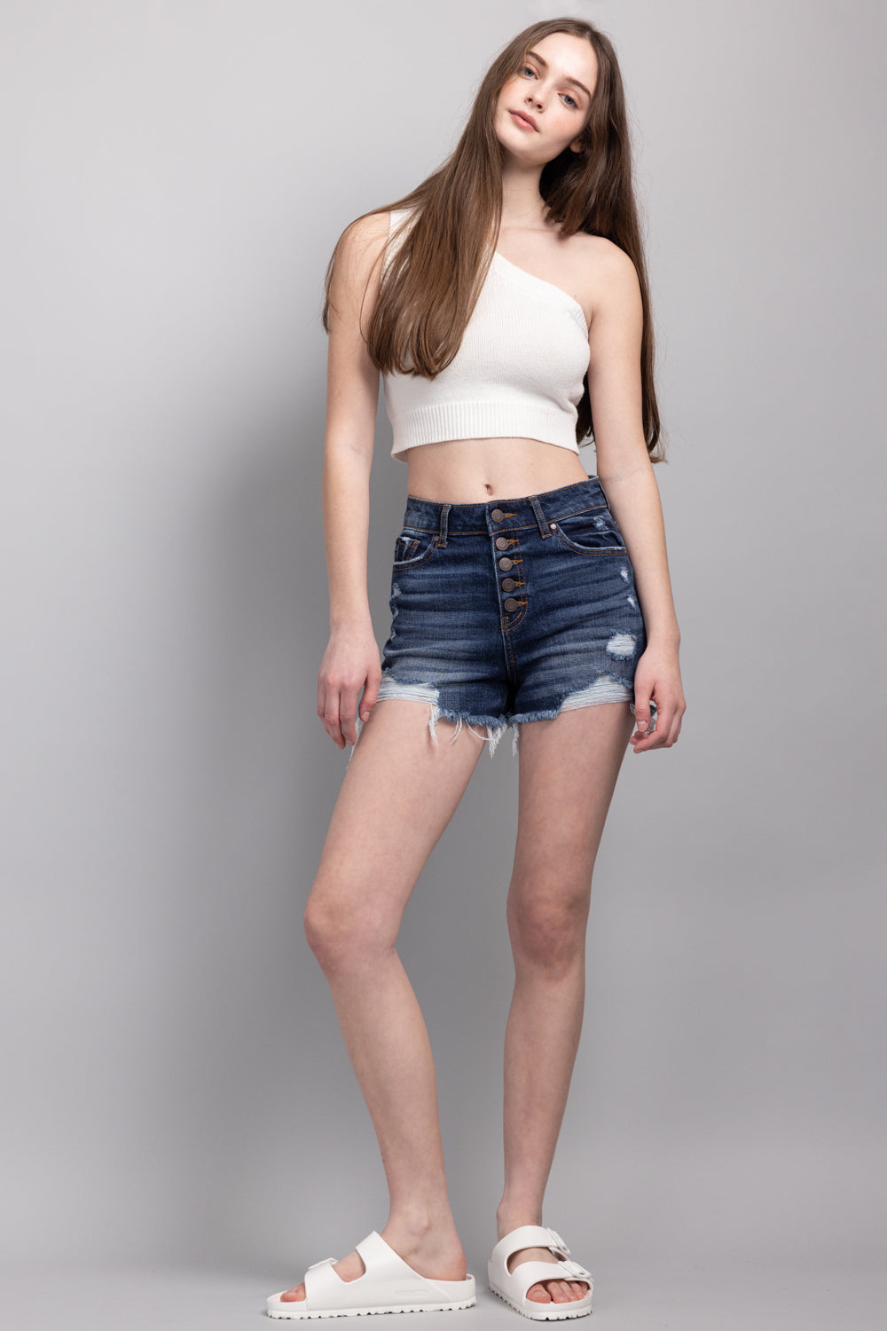 Shop High Rise 5 Exposed Button Down Destructed Denim Shorts – Shop ENJEAN