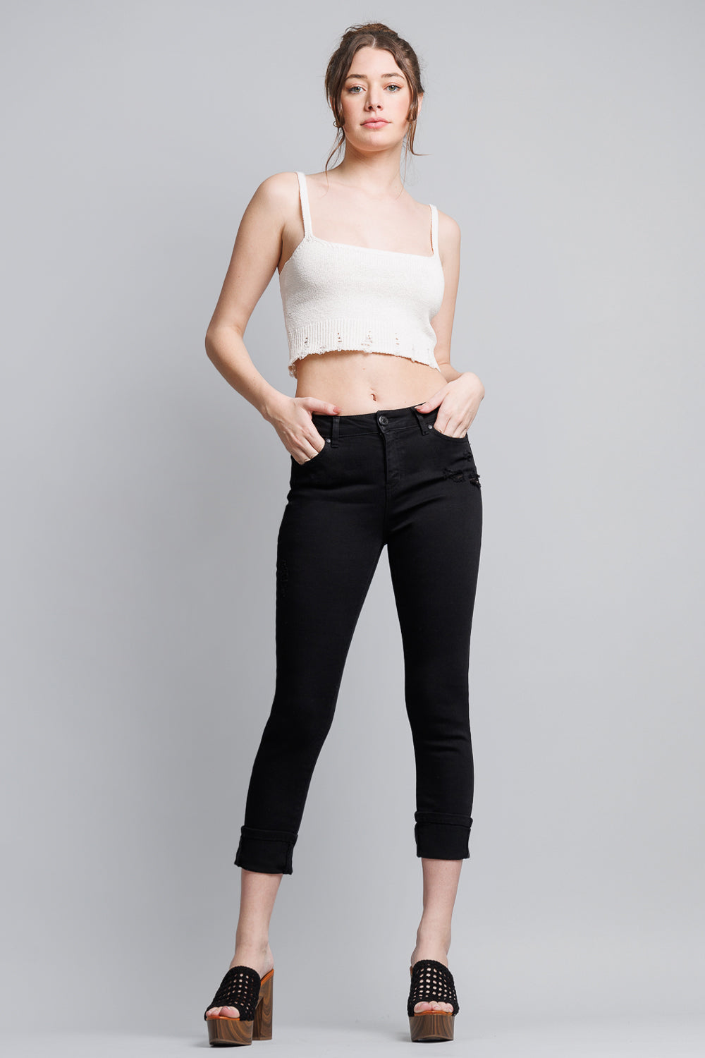 High Rise Crop Skinny Jeans with Wide Cuff