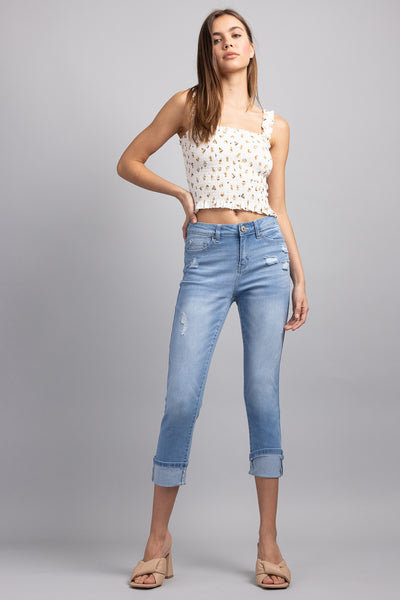 High Rise Crop Skinny Jeans with Wide Cuff