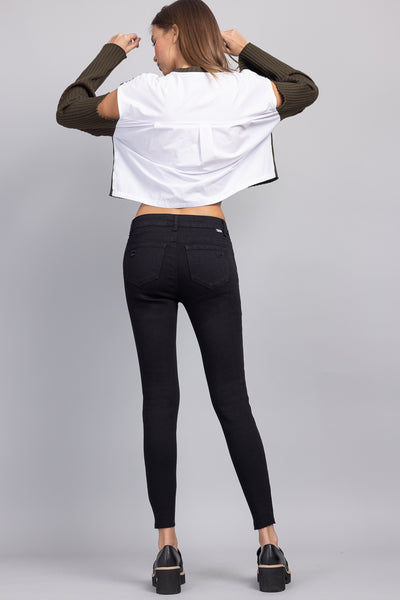 Distressed Mid Rise Skinny Jeans with Chewed Hems
