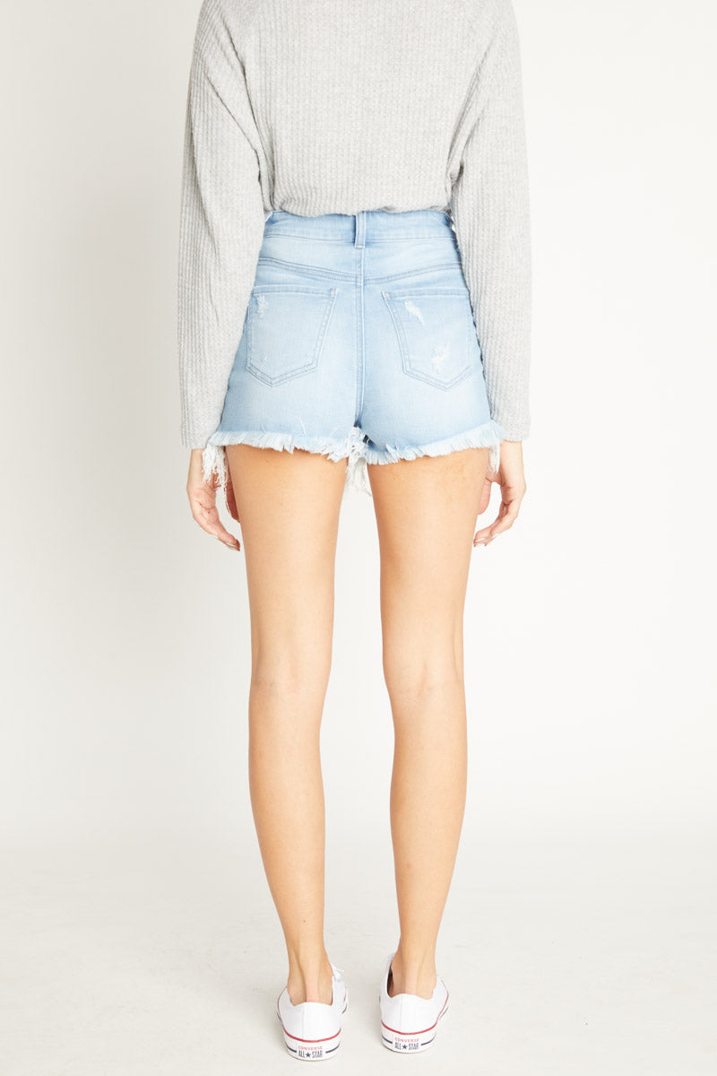 High Rise 5 Exposed Button Down Destructed Shorts