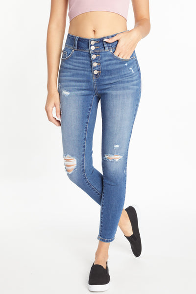 High Rise 5-Button Down Ankle Skinny