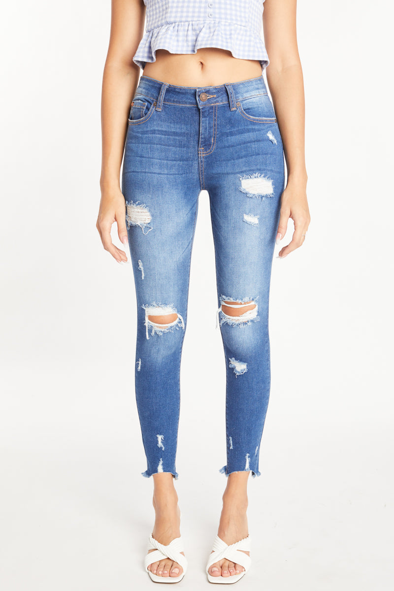Distressed Mid Rise Denim Skinny Jeans