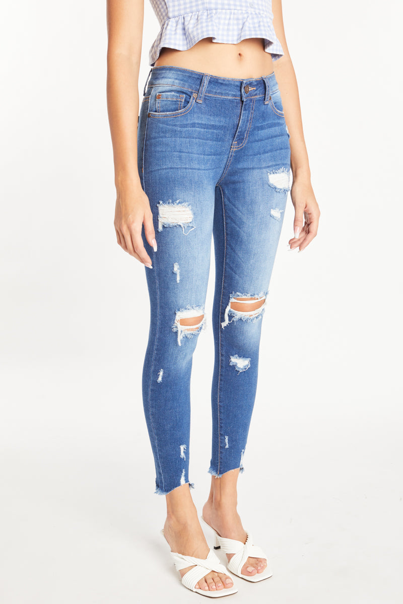 Distressed Mid Rise Denim Skinny Jeans