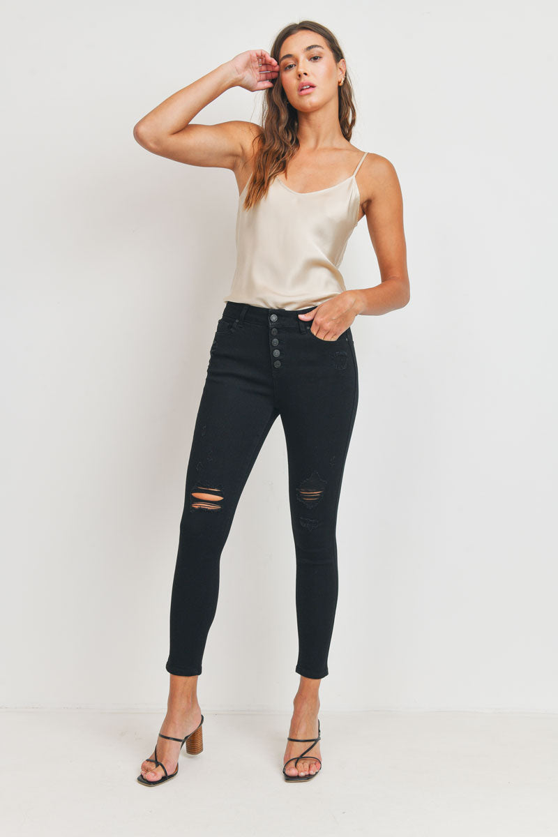 High Rise 5-Button Destructed Ankle Skinny