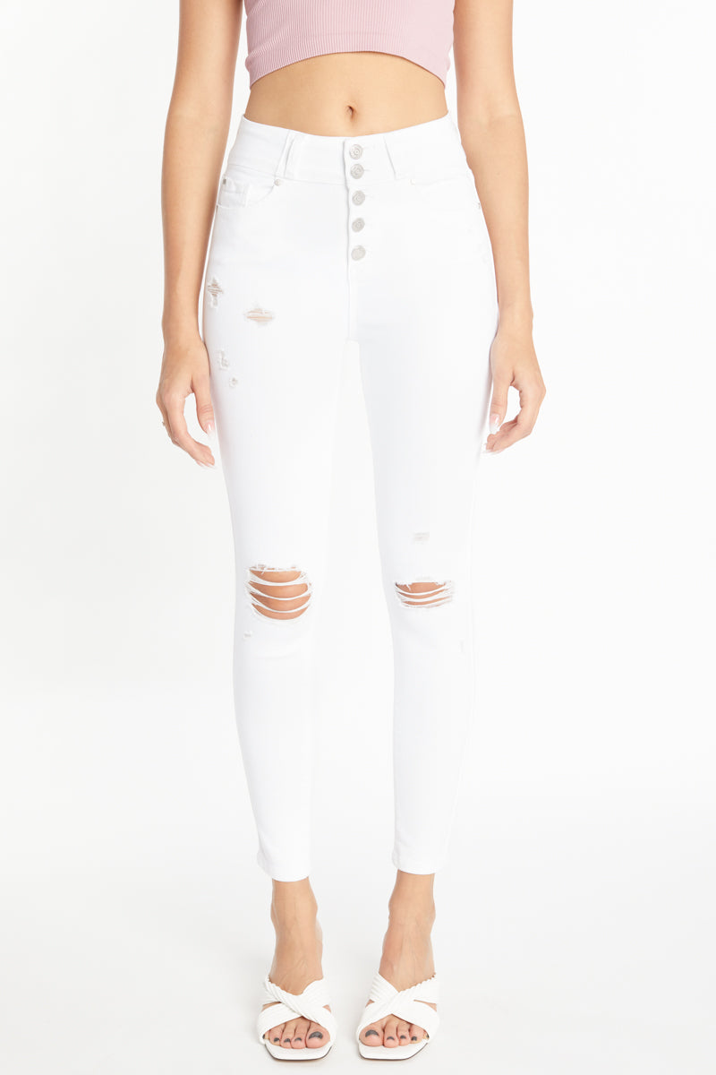 High Rise 5-Button Down Ankle Skinny