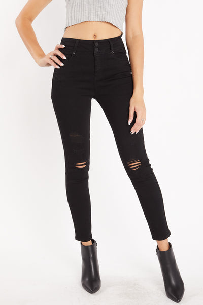 High Rise 2-Button Destructed Ankle Skinny