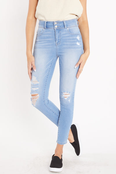 High Rise 2-Button Destructed Ankle Skinny