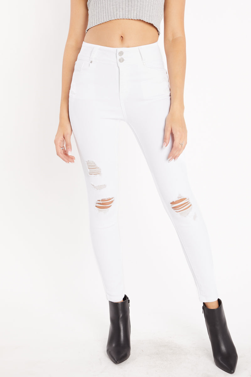 High Rise 2-Button Destructed Ankle Skinny