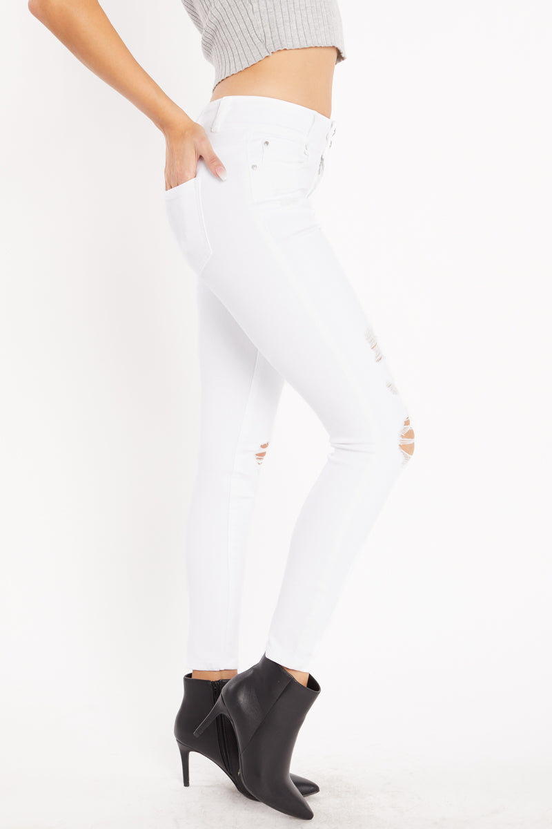 High Rise 2-Button Destructed Ankle Skinny