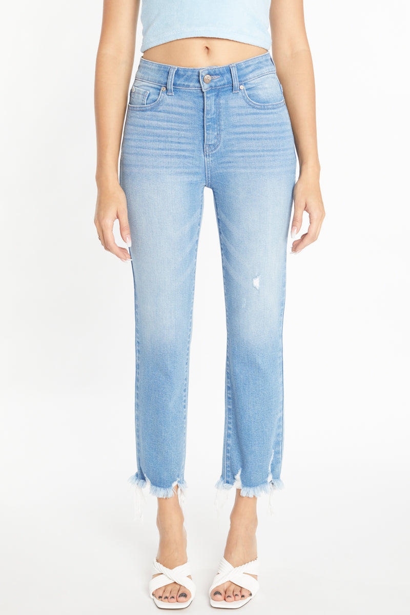 High Rise Slim Straight Jeans with Uneven Frayed Hem