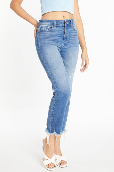 High Rise Slim Straight Jeans with Uneven Frayed Hem