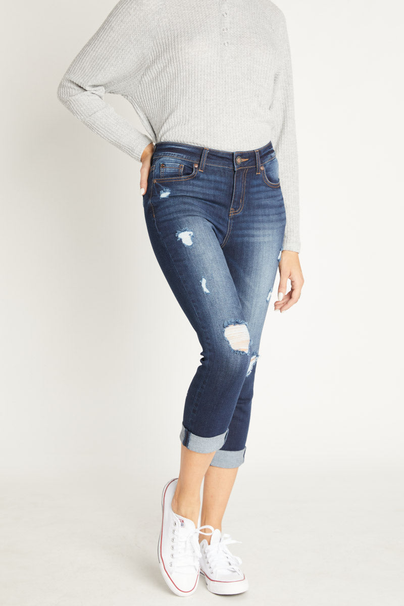 High Rise Crop Skinny Jeans with Cuffed Hem