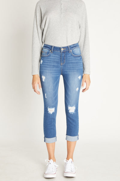 High Rise Crop Skinny Jeans with Cuffed Hem
