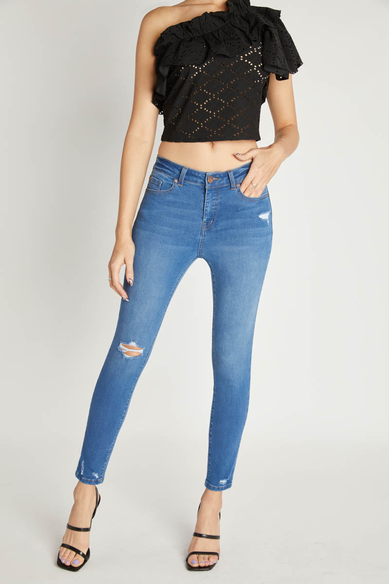 High Rise Ankle Skinny with Chewed Hem