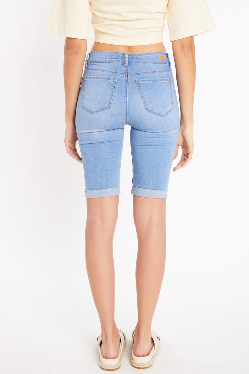 Mid Rise Moto Bermuda Shorts with Roll-up Cuff