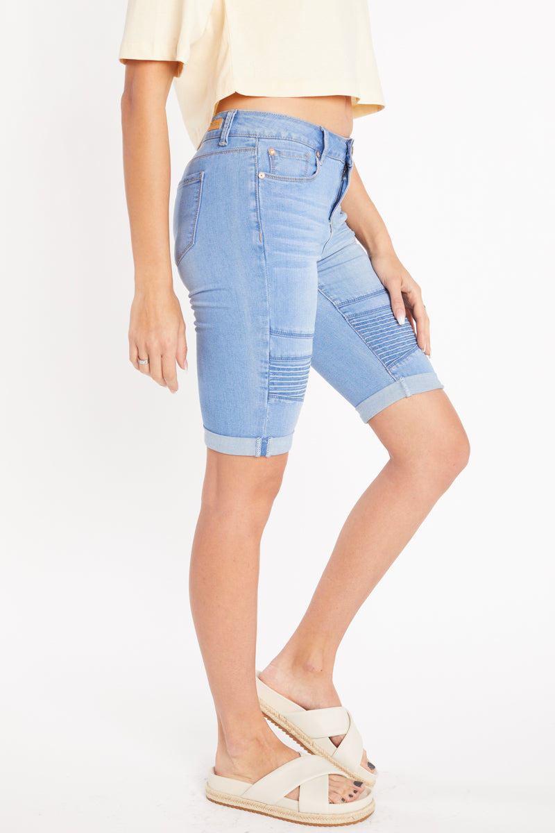 Mid Rise Moto Bermuda Shorts with Roll-up Cuff