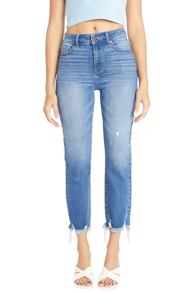 High Rise Slim Straight Jeans with Uneven Frayed Hem