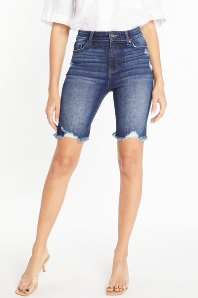 Super High Rise Bermuda Shorts with Frayed Hem